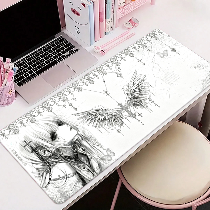 Tech Accessories For Office Desk - レザーマウスパッド黒白アニメ美学エンジェルガールマウスパッドオフィスアクセサリーPCゲームキーボードEスポーツHDデスクマット